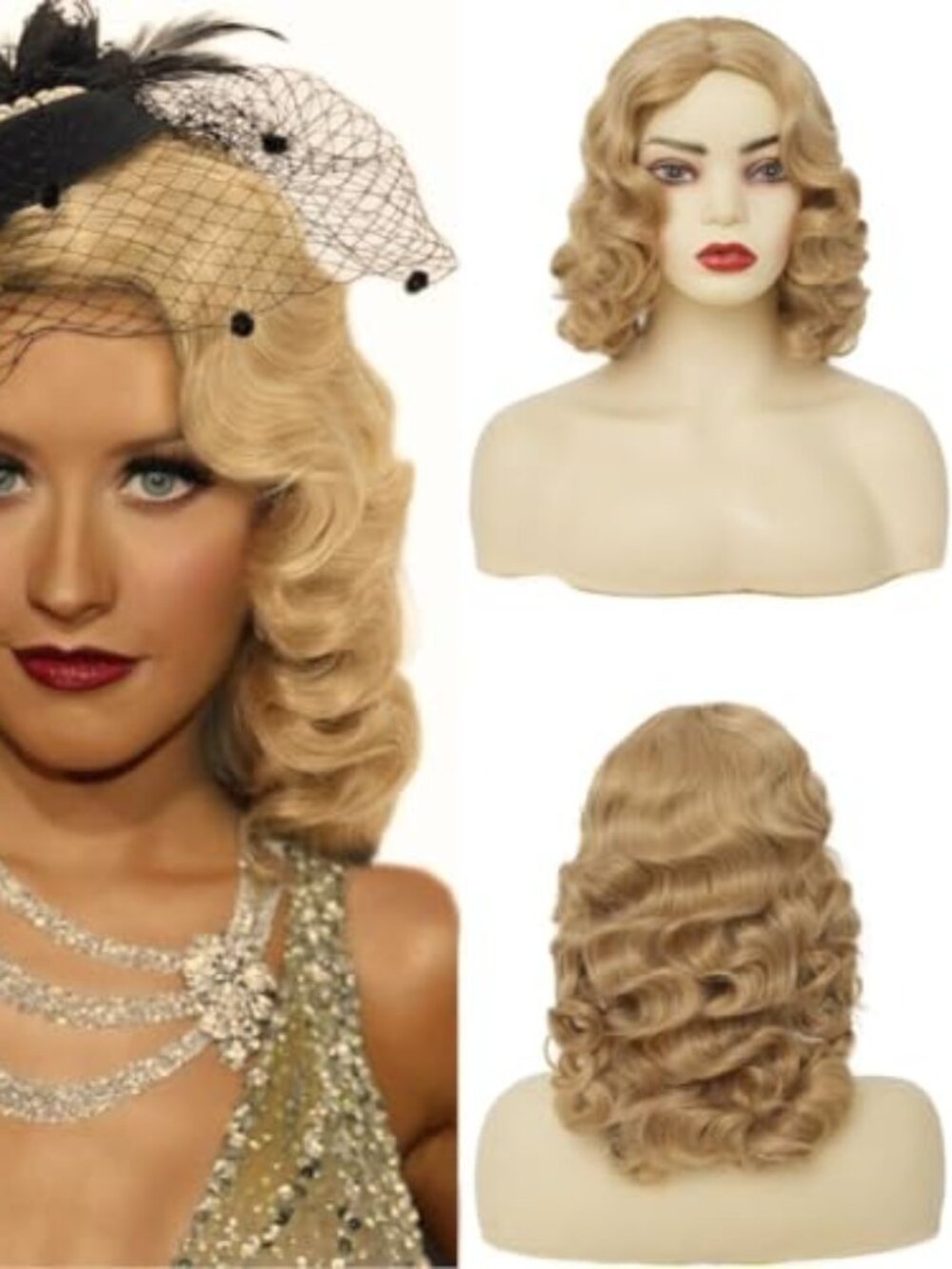 Blonde Finger Wave Wigs for Women 1920s Vintage Medium Length Side Part Natural